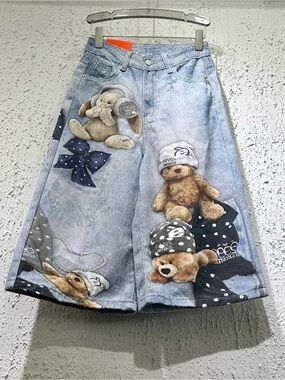 Light Blue Denim-Print Wide Leg Bottoms